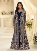 Nayoora Luxe Navy Chinon Silk Mastani Gown with Embroidered Jacket & Belt - Nayoora
