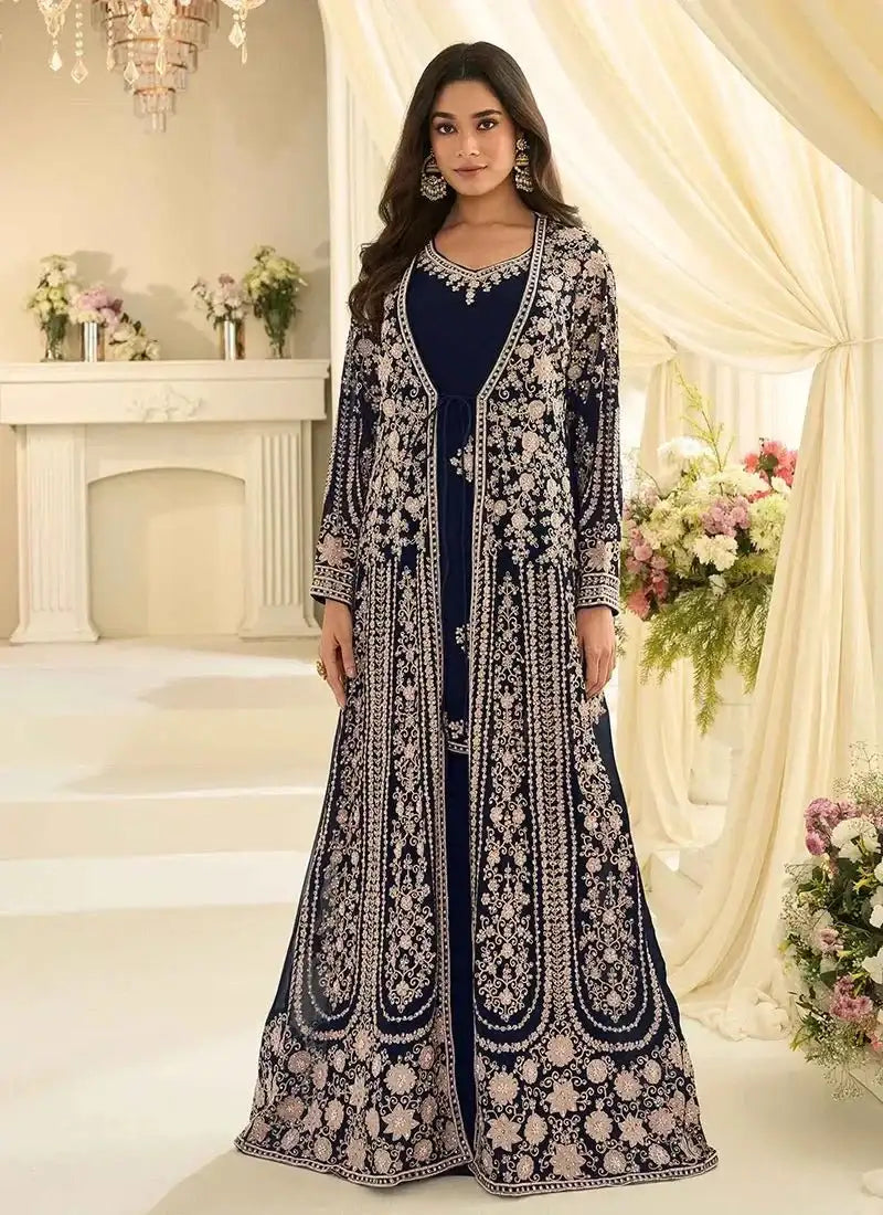 Navy chinon silk gown with embroidered jacket, long hem and ornate floral borders