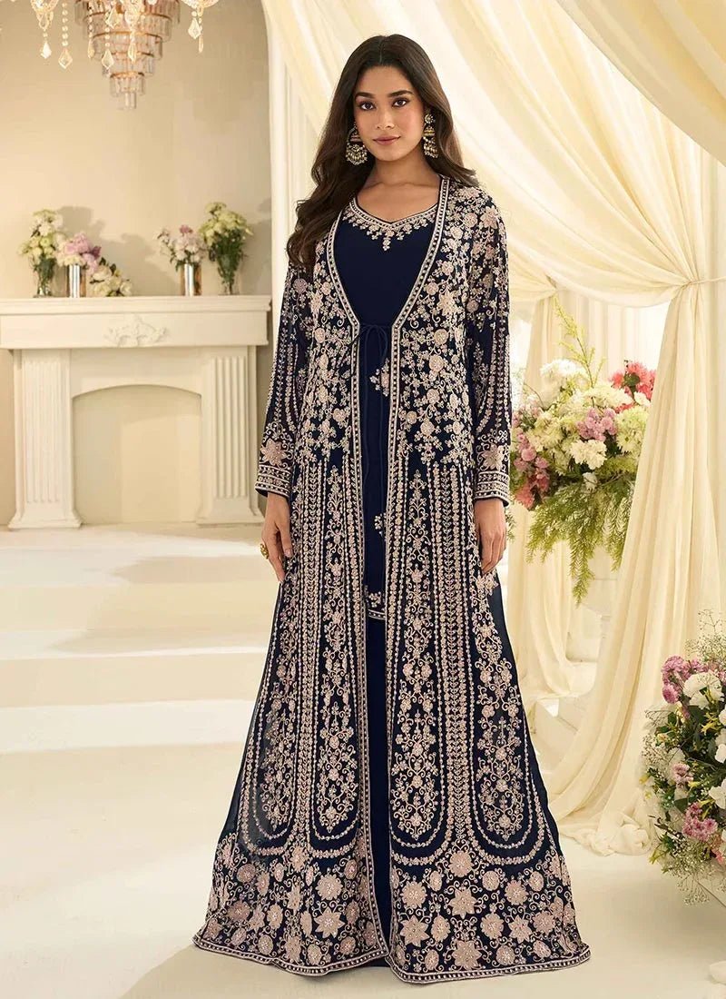 Nayoora Luxe Navy Chinon Silk Mastani Gown with Embroidered Jacket & Belt - Nayoora