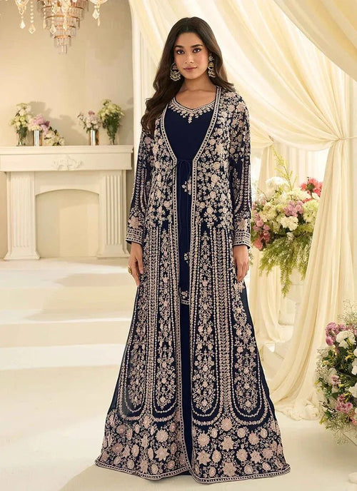 Nayoora Luxe Navy Chinon Silk Mastani Gown with Embroidered Jacket & Belt - Nayoora