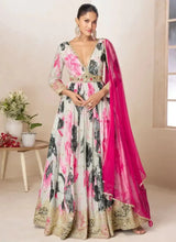 Off-white floral embroidered gown with pink dupatta, V-neck and long sleeves