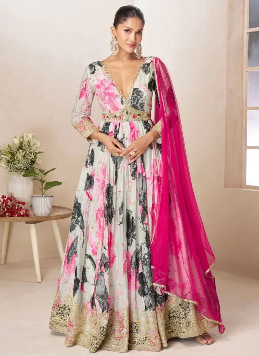Nayoora Luxe Off - White Floral Chinon Embroidered Gown with Pink Dupatta - Nayoora
