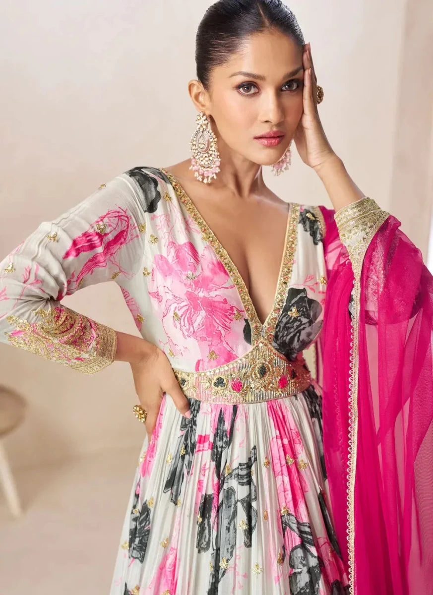 Nayoora Luxe Off - White Floral Chinon Embroidered Gown with Pink Dupatta - Nayoora