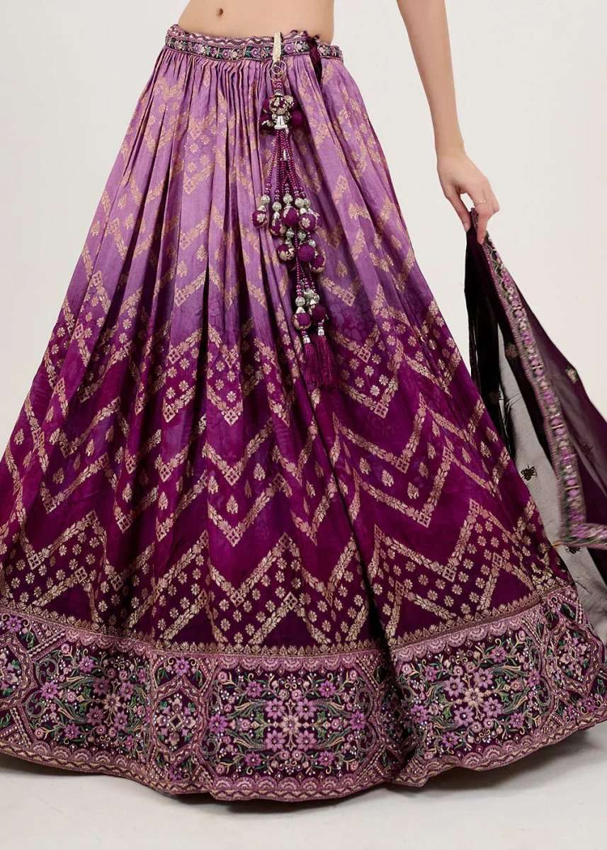 Nayoora Luxe Ombre Violet Chevron Jacquard Couture Readymade Lehenga - Nayoora