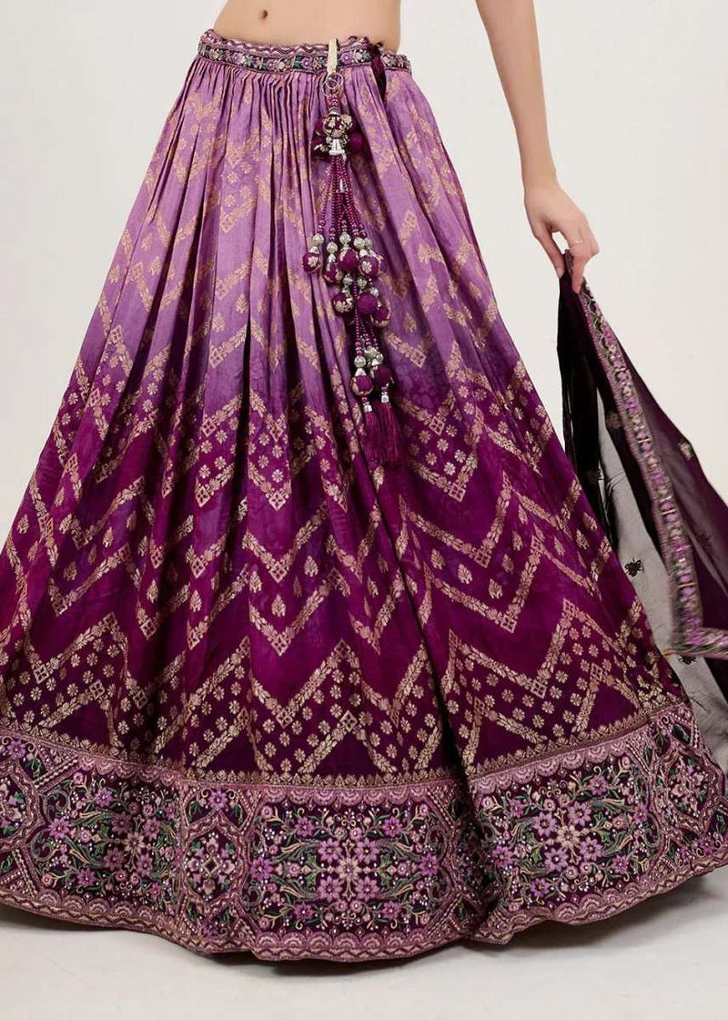 Purple ombre chevron jacquard lehenga skirt with ornate border hem and gathered waist