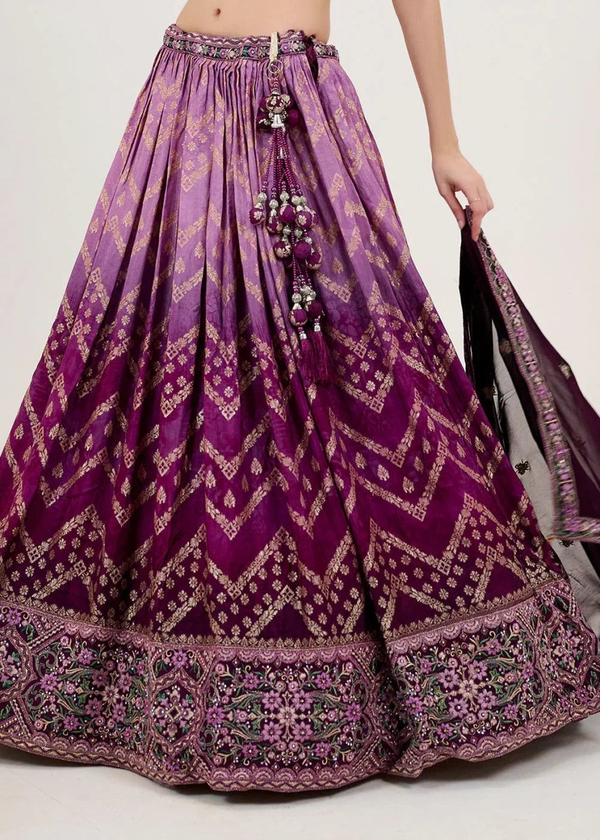 Nayoora Luxe Ombre Violet Chevron Jacquard Couture Readymade Lehenga - Nayoora