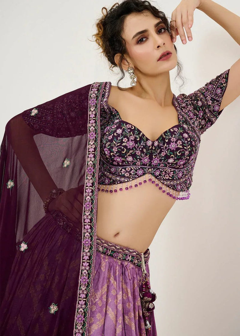 Embroidered V-neck short-sleeve blouse with purple ombre chevron lehenga skirt