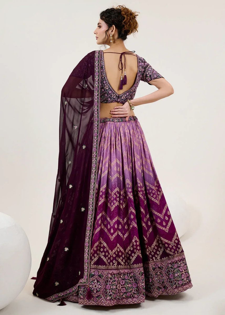 Nayoora Luxe Ombre Violet Chevron Jacquard Couture Readymade Lehenga - Nayoora