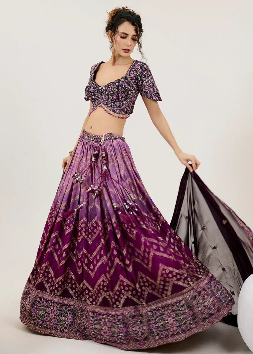 Nayoora Luxe Ombre Violet Chevron Jacquard Couture Readymade Lehenga - Nayoora