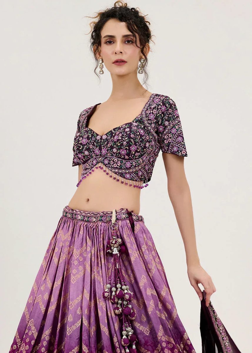 Nayoora Luxe Ombre Violet Chevron Jacquard Couture Readymade Lehenga - Nayoora