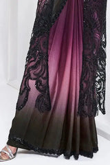 Black sequin jacket-style saree with sheer wine ombre skirt and full-length drape