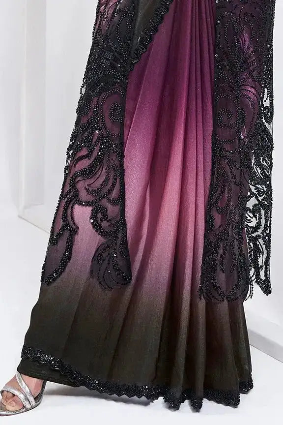 Jacket-style sequin saree skirt with wine ombre pleats and black beaded hem