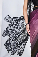 Black sequin jacket-style saree with ornate damask-patterned fabric panel and wine drape