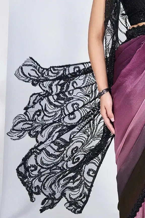 Jacket-style sequin saree border with black embroidered motif on wine ombre fabric