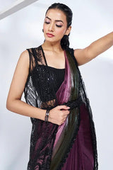 Jacket-style sequin saree with open black bodice, wine ombre sash, and shoulder straps