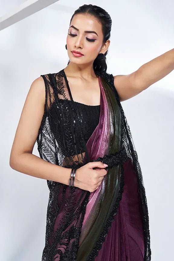 Nayoora Luxe Ombre Wine & Black Sequin Jacket Style Saree - Nayoora