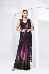 Jacket-style sequin saree with black sleeveless bodice and wine-to-dark ombre drape