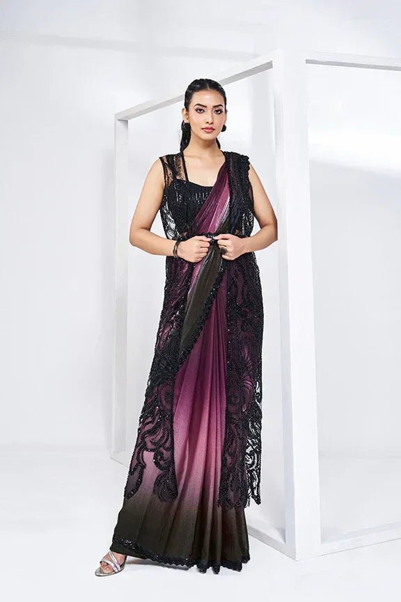 Jacket-style sequin saree with black sleeveless bodice and wine-to-dark ombre drape