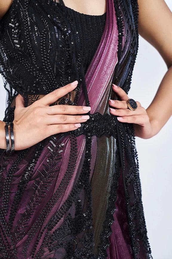 Nayoora Luxe Ombre Wine & Black Sequin Jacket Style Saree - Nayoora