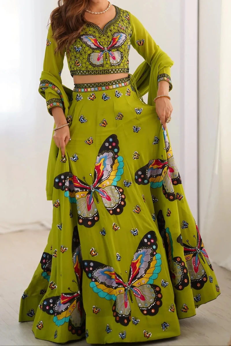 Nayoora Luxe Parrot Green Whimsical Butterfly Motif Georgette Lehenga - Nayoora