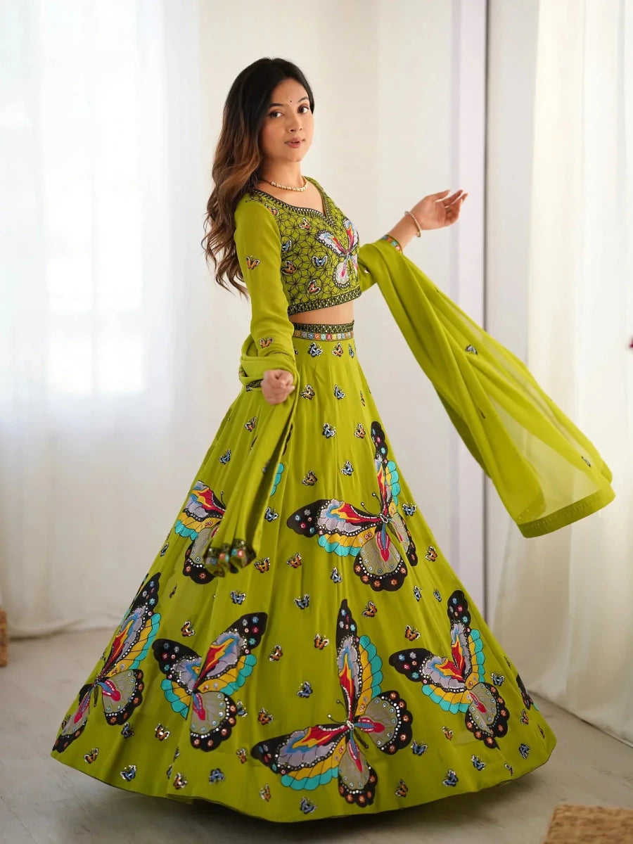 Nayoora Luxe Parrot Green Whimsical Butterfly Motif Georgette Lehenga - Nayoora