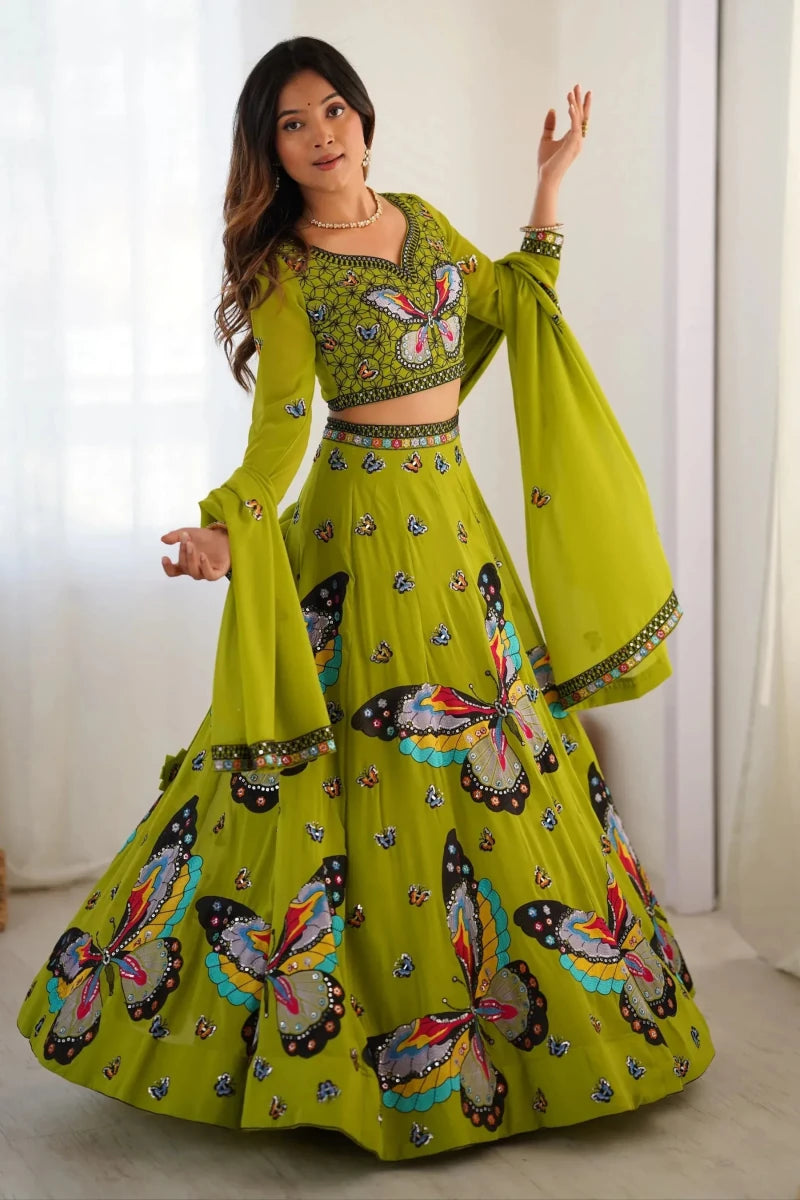 Nayoora Luxe Parrot Green Whimsical Butterfly Motif Georgette Lehenga - Nayoora