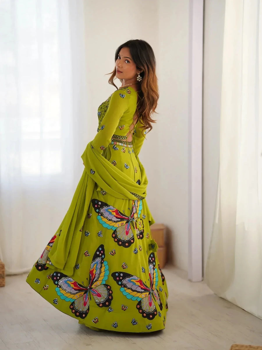 Nayoora Luxe Parrot Green Whimsical Butterfly Motif Georgette Lehenga - Nayoora