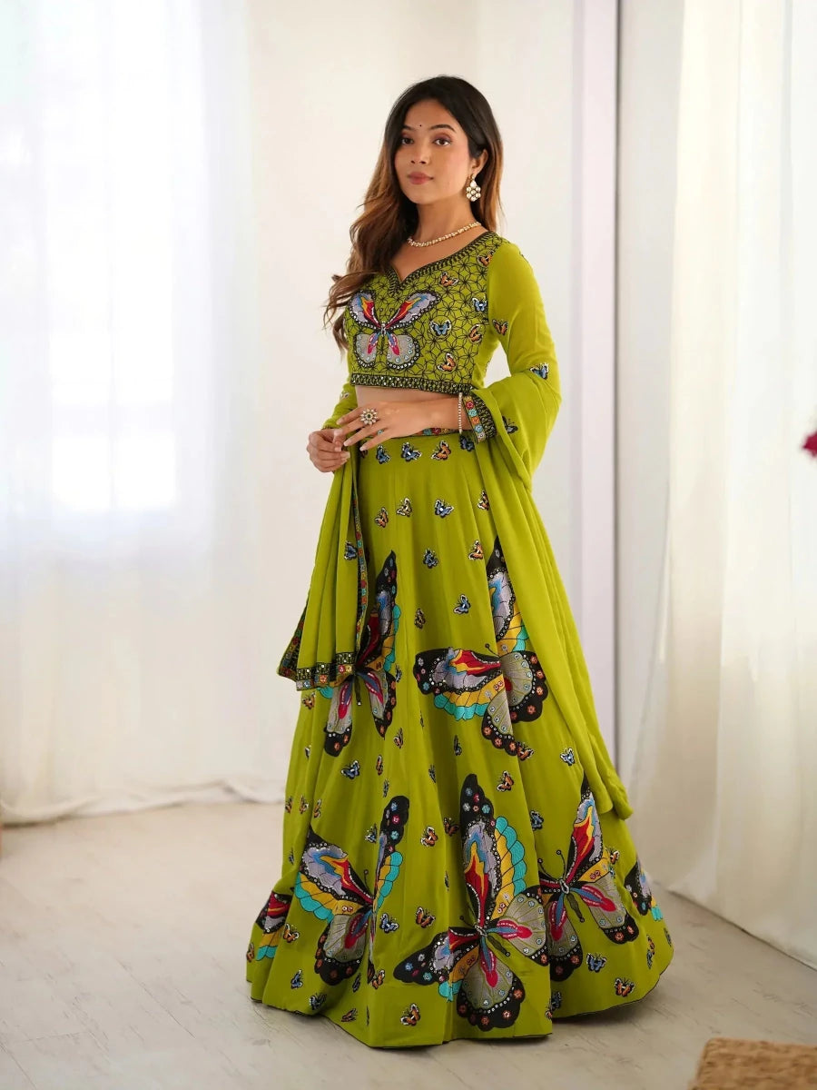 Nayoora Luxe Parrot Green Whimsical Butterfly Motif Georgette Lehenga - Nayoora
