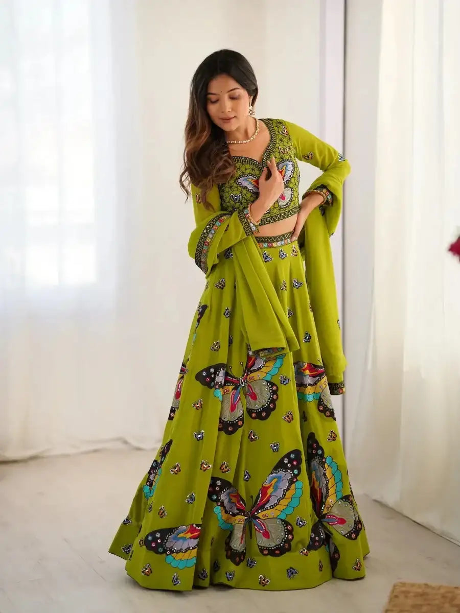 Green butterfly-print lehenga with long sleeves, flared skirt, and draped dupatta