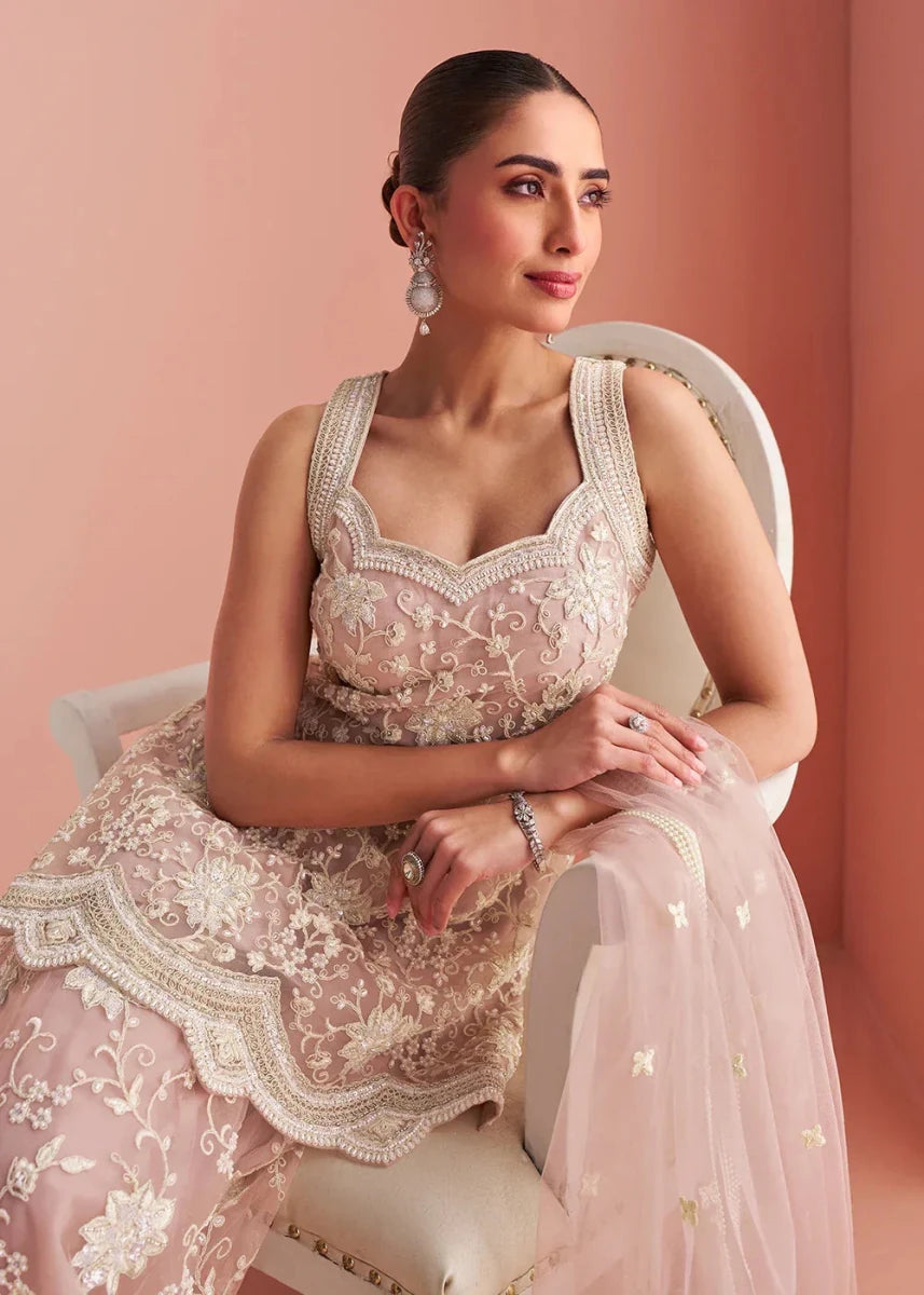 Nayoora Luxe Pastel Dusty Rose Embroidered Net Palazzo Suit - Nayoora