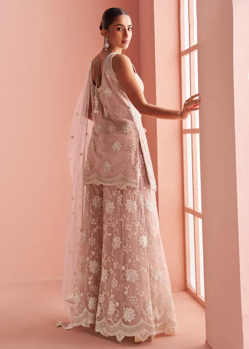 Nayoora Luxe Pastel Dusty Rose Embroidered Net Palazzo Suit - Nayoora