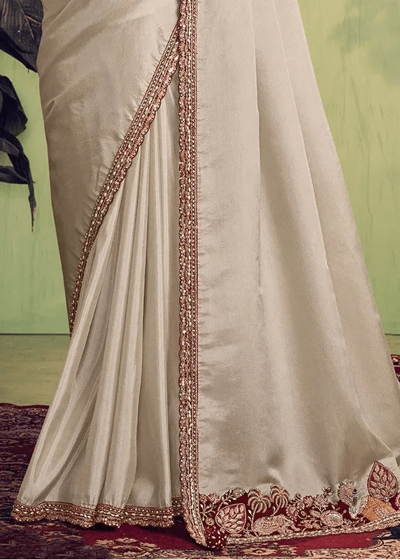 Nayoora Luxe Pearl Ivory Upada Silk Saree with Maroon Velvet Blouse - Nayoora