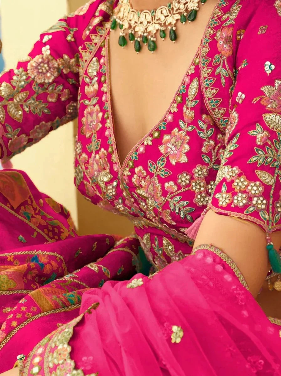 Nayoora Luxe Rani Pink Floral Mirror Work Readymade Couture Lehenga - Nayoora