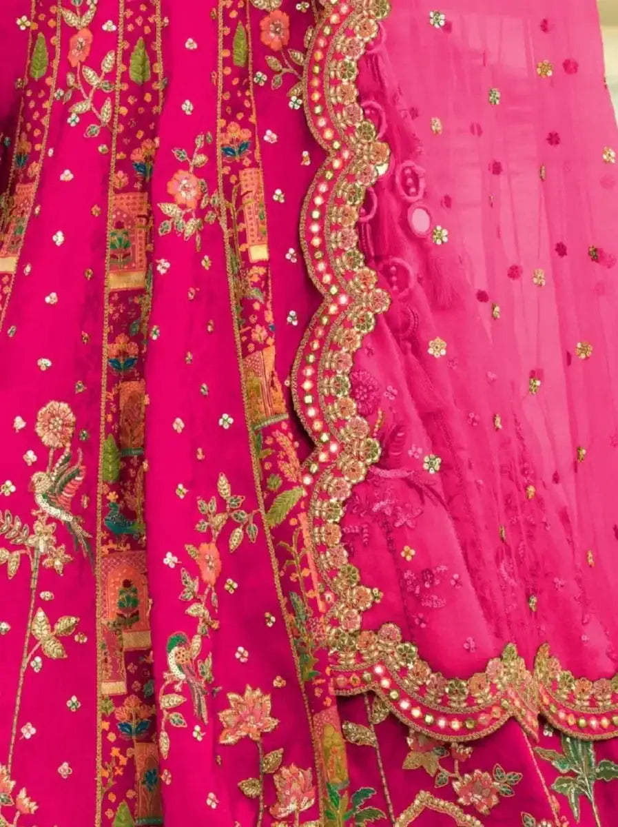 Nayoora Luxe Rani Pink Floral Mirror Work Readymade Couture Lehenga - Nayoora