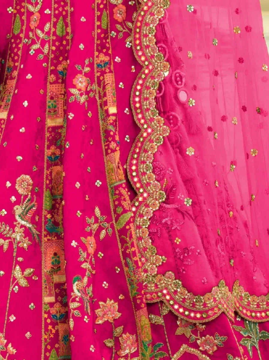 Nayoora Luxe Rani Pink Floral Mirror Work Readymade Couture Lehenga - Nayoora