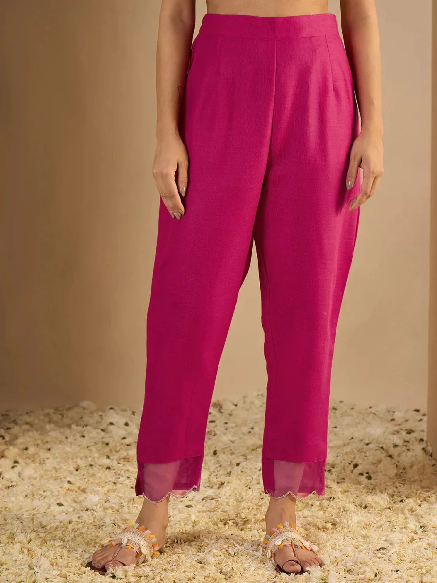 Nayoora Luxe Rani Pink Organza Hem Cotton Kurti Pant Set - Nayoora
