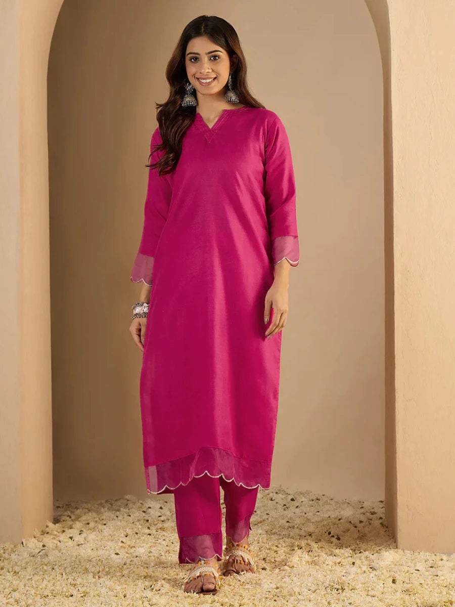 Nayoora Luxe Rani Pink Organza Hem Cotton Kurti Pant Set - Nayoora