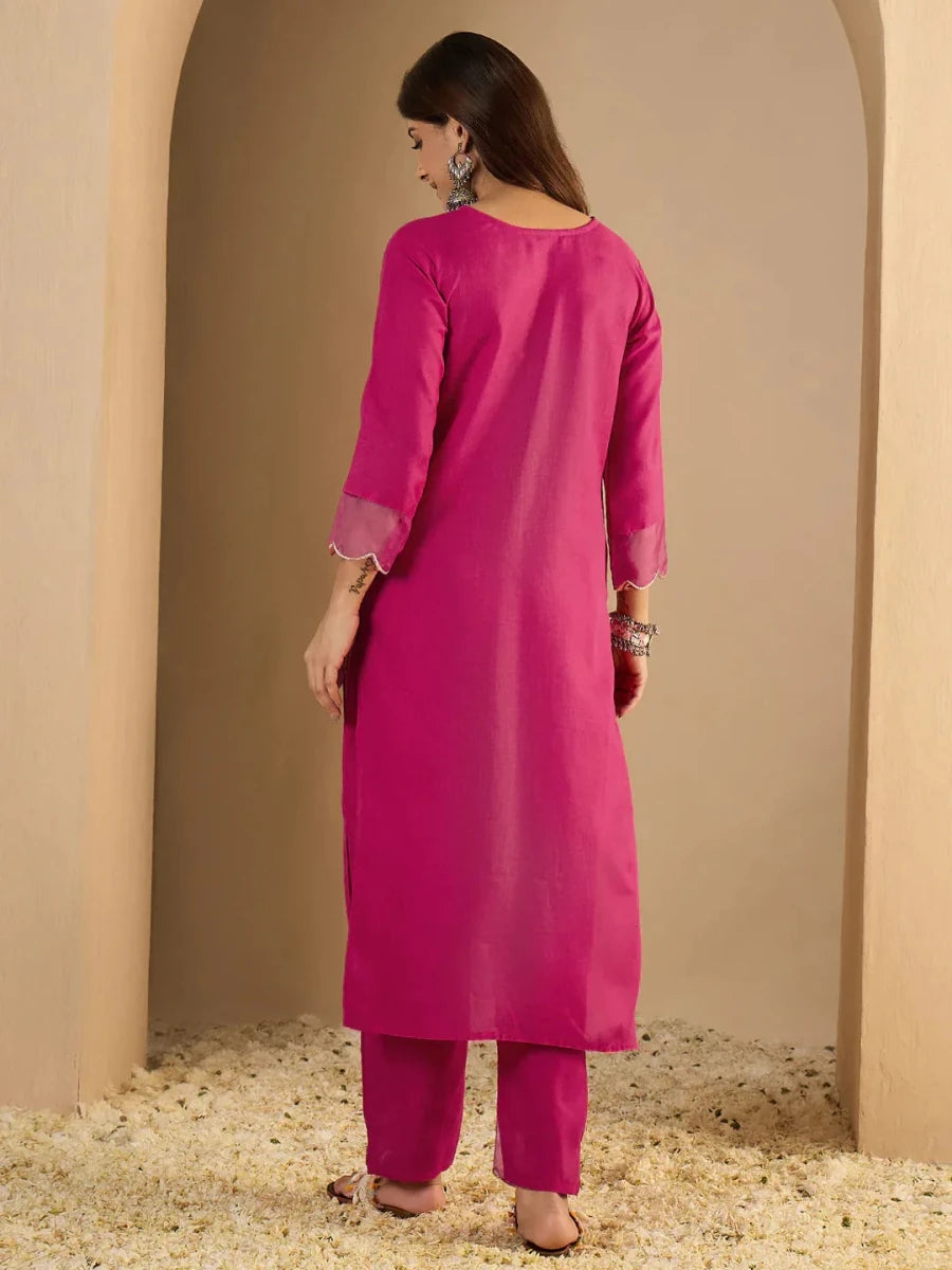 Nayoora Luxe Rani Pink Organza Hem Cotton Kurti Pant Set - Nayoora
