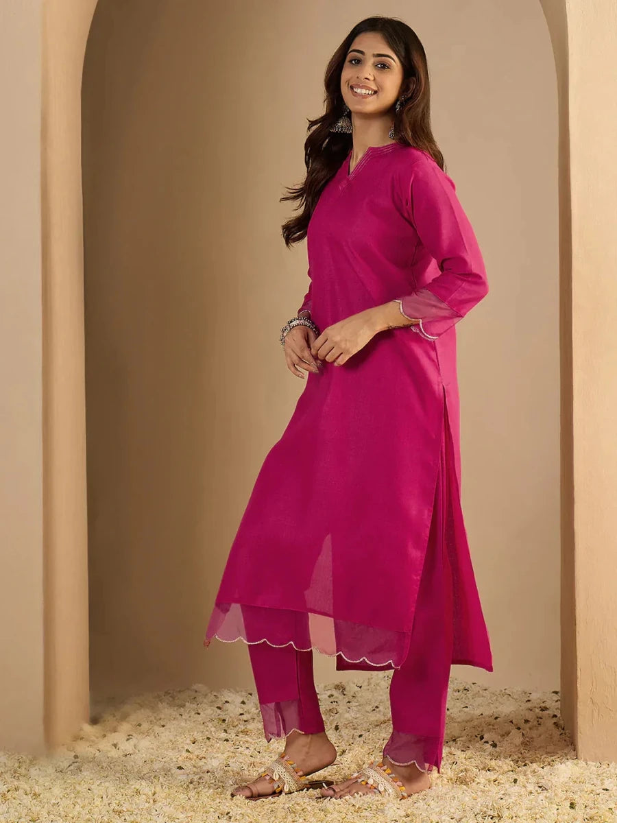 Nayoora Luxe Rani Pink Organza Hem Cotton Kurti Pant Set - Nayoora