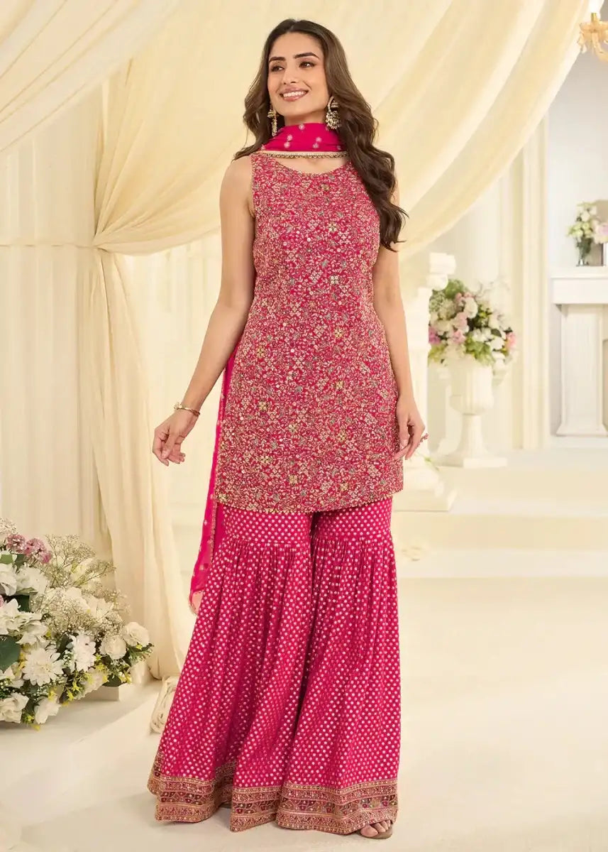 Nayoora Luxe Rani Pink Zarkan Embroidered Georgette Gharara Suit - Nayoora