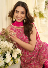 Rani pink embroidered sleeveless tunic with dupatta drape and round neckline