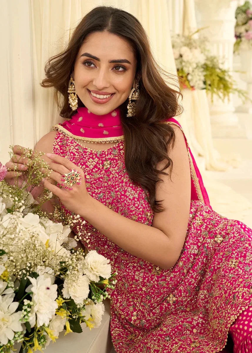 Nayoora Luxe Rani Pink Zarkan Embroidered Georgette Gharara Suit - Nayoora
