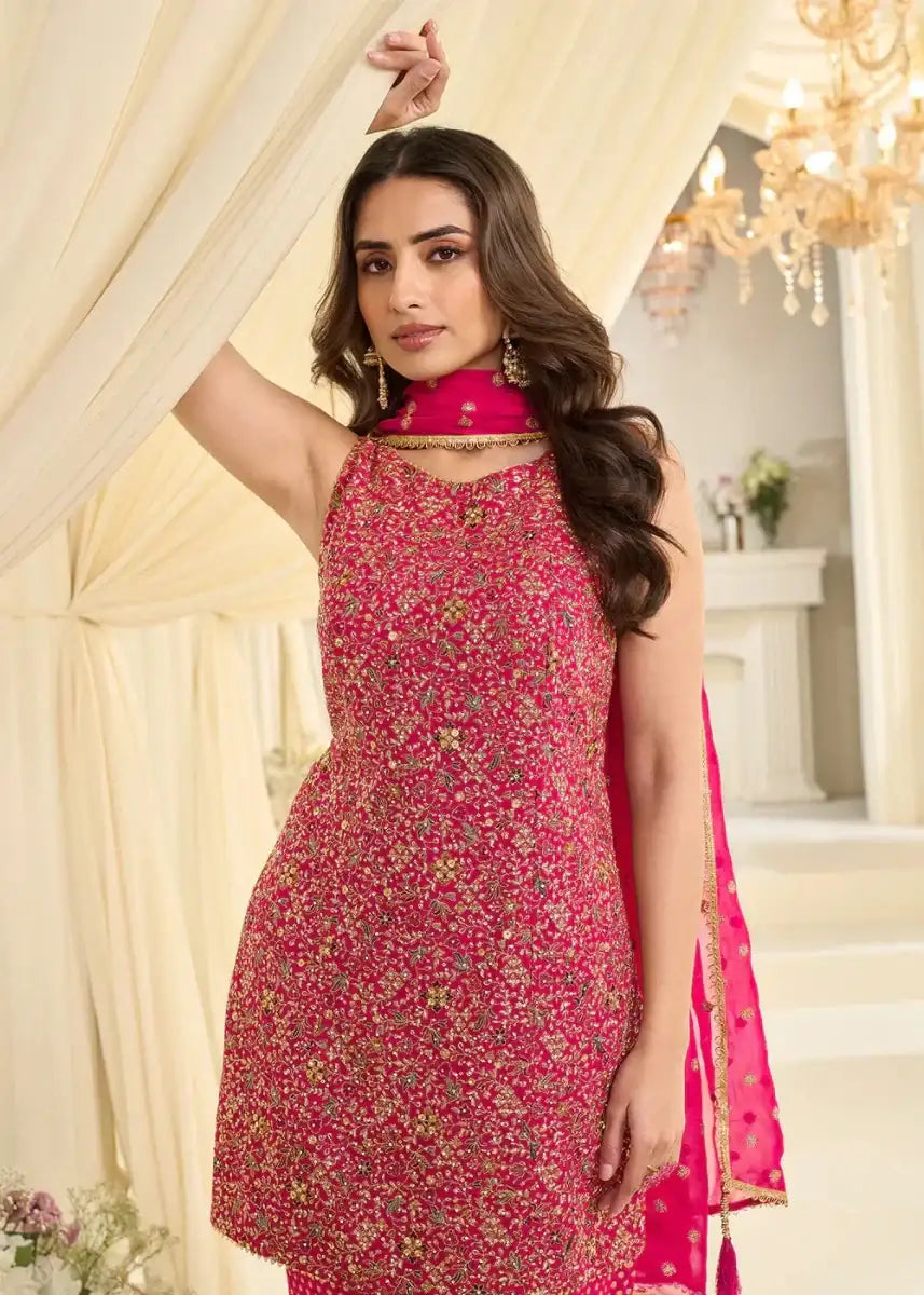 Nayoora Luxe Rani Pink Zarkan Embroidered Georgette Gharara Suit - Nayoora