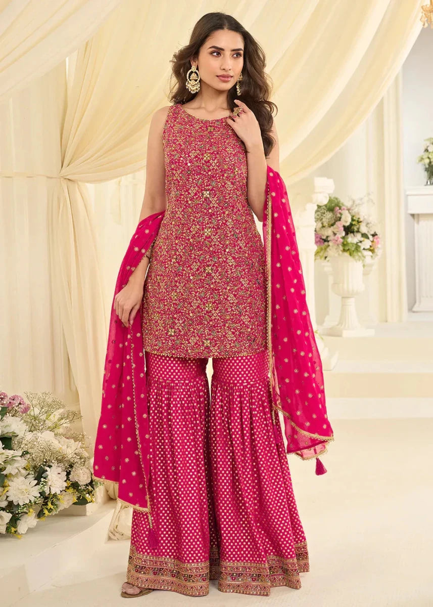 Nayoora Luxe Rani Pink Zarkan Embroidered Georgette Gharara Suit - Nayoora