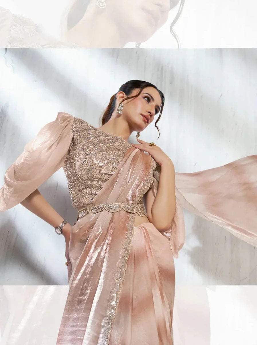 Nayoora Luxe Rose Gold Metallic Ready - to - Wear Balloon Sleeve Saree - Nayoora