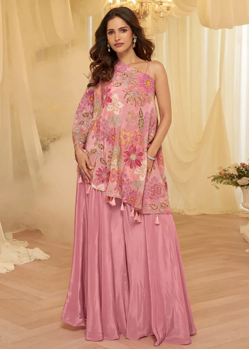 Nayoora Luxe Rose Pink Floral Embroidered Asymmetric Cape Co - ord Set - Nayoora