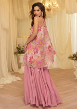 Rose pink floral embroidered one-shoulder asymmetric cape with maxi skirt
