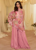 Nayoora Luxe Rose Pink Floral Embroidered Asymmetric Cape Co - ord Set - Nayoora