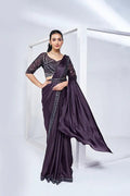 Nayoora Luxe Royal Aubergine Purple Metallic Tissue Silk Ready - to - Wear Saree Set - Nayoora