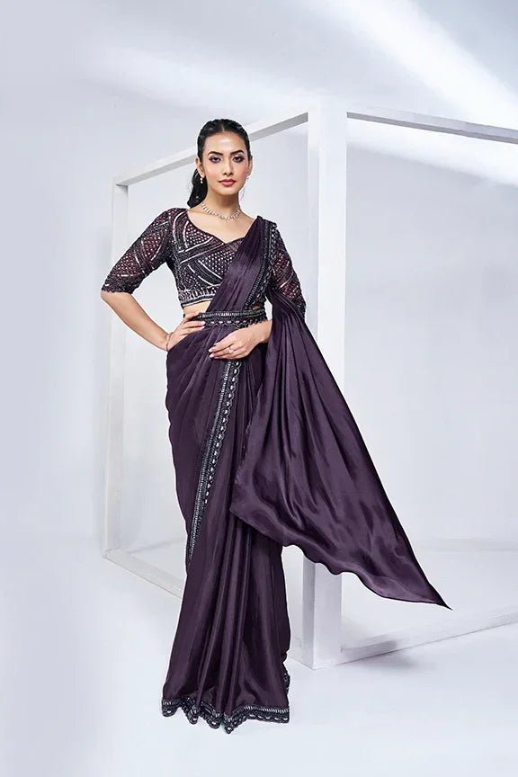 Nayoora Luxe Royal Aubergine Purple Metallic Tissue Silk Ready - to - Wear Saree Set - Nayoora